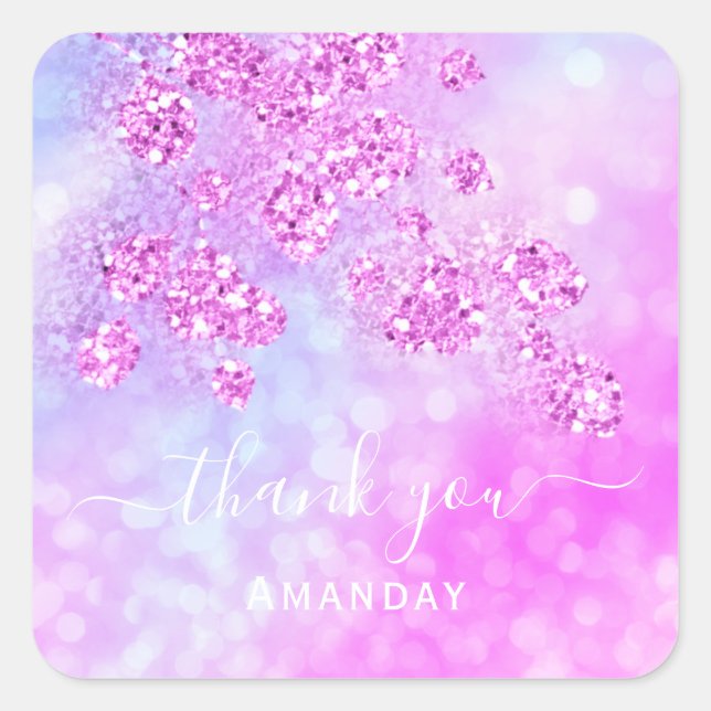 Thank You Pink Holographic Blue Floral 16th Square Sticker (Front)