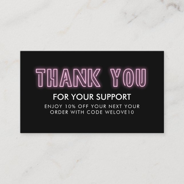 Thank you Pink Neon Instagram Discount Business Card (Front)