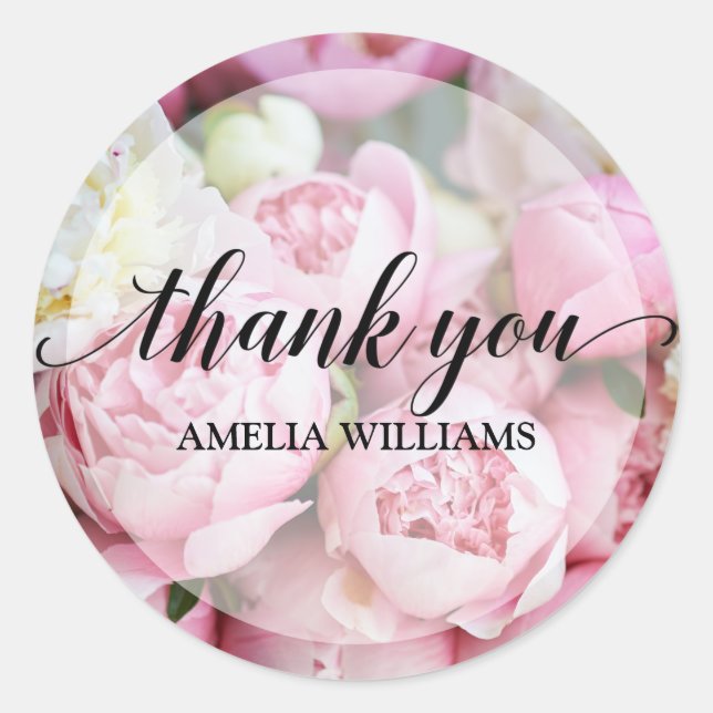 Thank You Pink Peonies Floral Classic Round Sticker (Front)