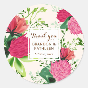 Thank You Pink & Red Clover Floral Wedding Classic Round Sticker