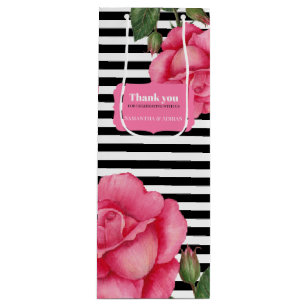 Thank you Pink Rose Watercolor Black White Stripes Wine Gift Bag