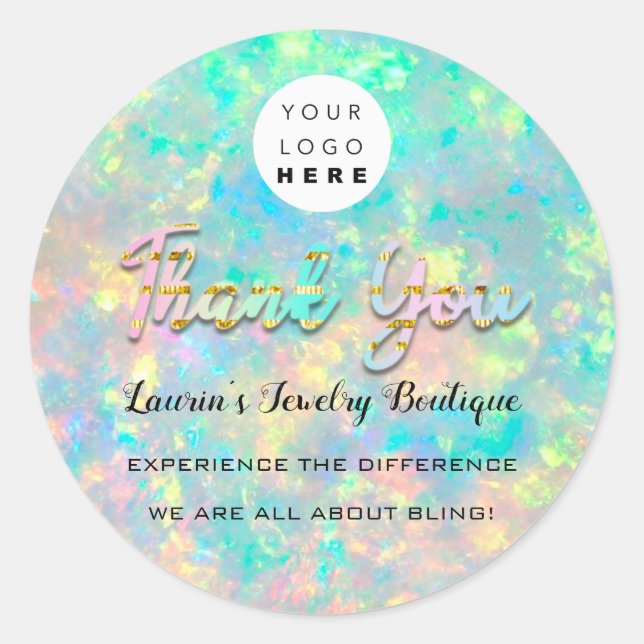 Thank You Pink Script Name Custom Logo Holograph Classic Round Sticker (Front)