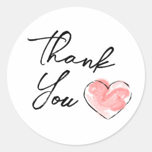 Thank You Pink Watercolor Heart Classic Round Sticker