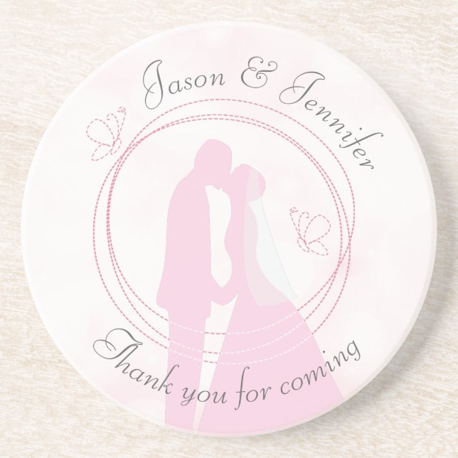 "Thank You" Pink Wedding Sandstone Drink Coaster (Front)