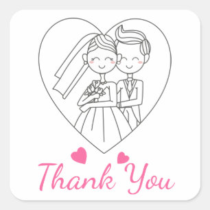 Thank You Pink & White Bride And Groom Wedding Square Sticker