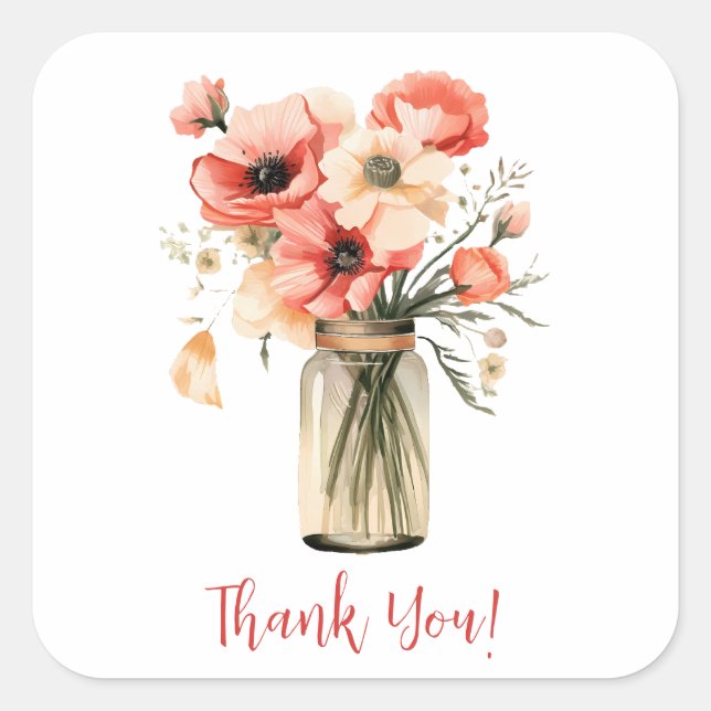 Thank you poppies in a mason jar square sticker (Front)