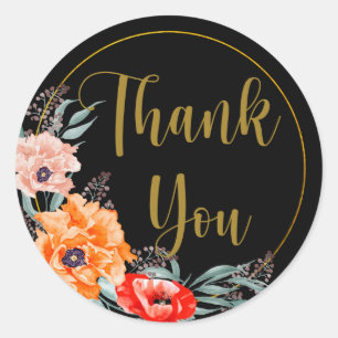 Thank You Poppy Flowers Black Classic Round Sticker