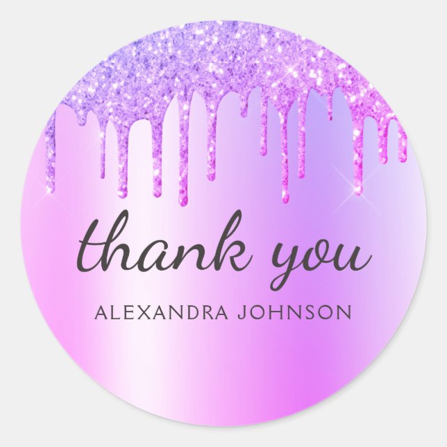Thank You Purple Dripping Glitter Classic Round Sticker (Front)