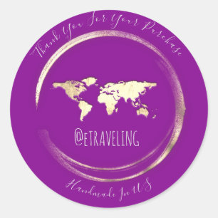 Thank You Purple Gold World Map Travelling Globe Classic Round Sticker