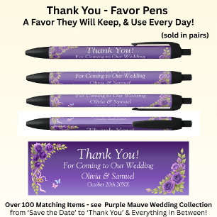 Thank You, Purple Mauve Flowers & White Wedding Black Ink Pen