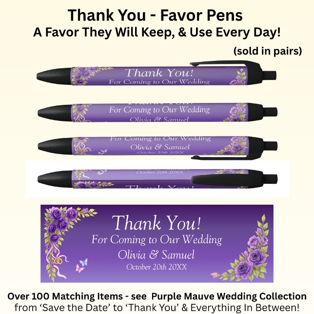 Thank You, Purple Mauve Flowers & White Wedding  Black Ink Pen (Creator Uploaded)