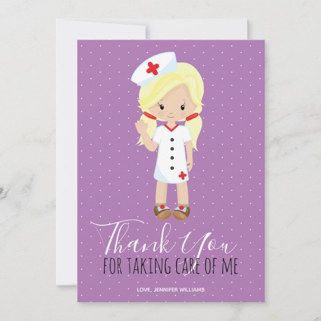 Thank You Purple Script Blonde Cartoon Nurse Card (Front)