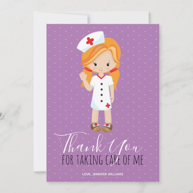 Thank You Purple Script Ginger Cartoon Nurse Card (Front)