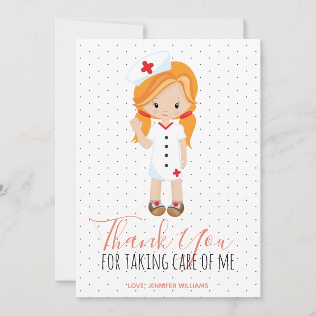 Thank You Purple Script Polka dot Ginger Nurse Card (Front)