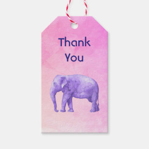 Thank You Purple Watercolor Elephant on Pink Gift Tags