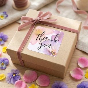 Thank you purple watercolor flower square sticker