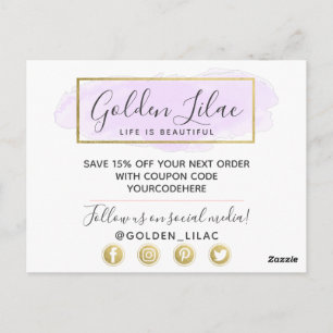 Thank You Purple Watercolor & Modern Gold Geo Postcard