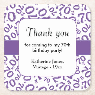 Thank You: Purple/White 70th Random Number Pattern Square Paper Coaster