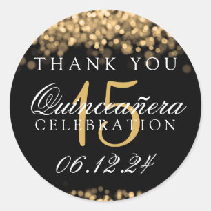Thank You Quinceanera Birthday Party Gold Lights Classic Round Sticker