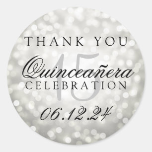 Thank You Quinceanera Birthday Silver Bokeh Lights Classic Round Sticker
