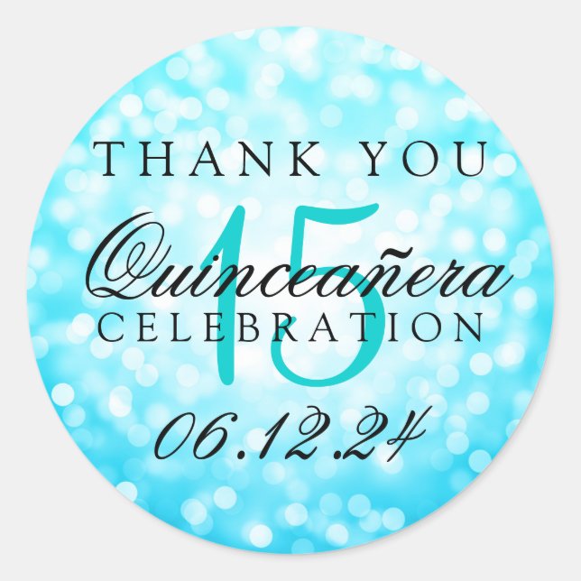 Thank You Quinceanera Turquoise Bokeh Lights Classic Round Sticker (Front)