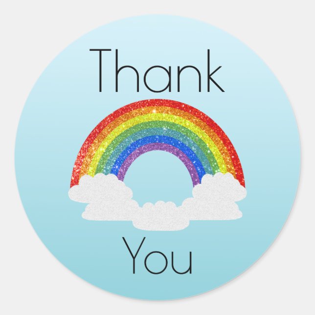 Thank You Rainbow Glitter on Blue Gradient Classic Round Sticker (Front)