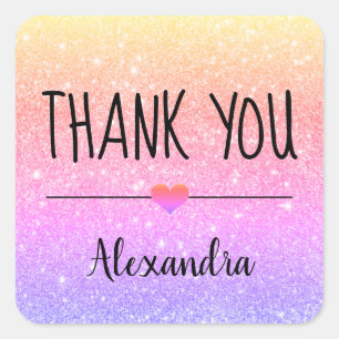 Thank you rainbow glitter personalised square sticker