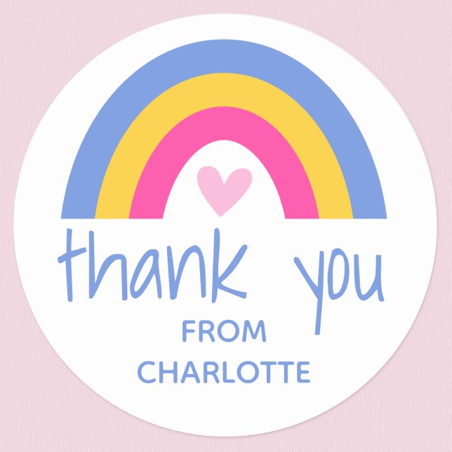 Thank you Rainbow Heart Kids Birthday Party Blue Classic Round Sticker (Creator Uploaded)