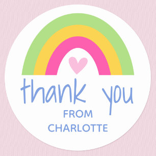 Thank you Rainbow Heart Kids Birthday Party Green Classic Round Sticker