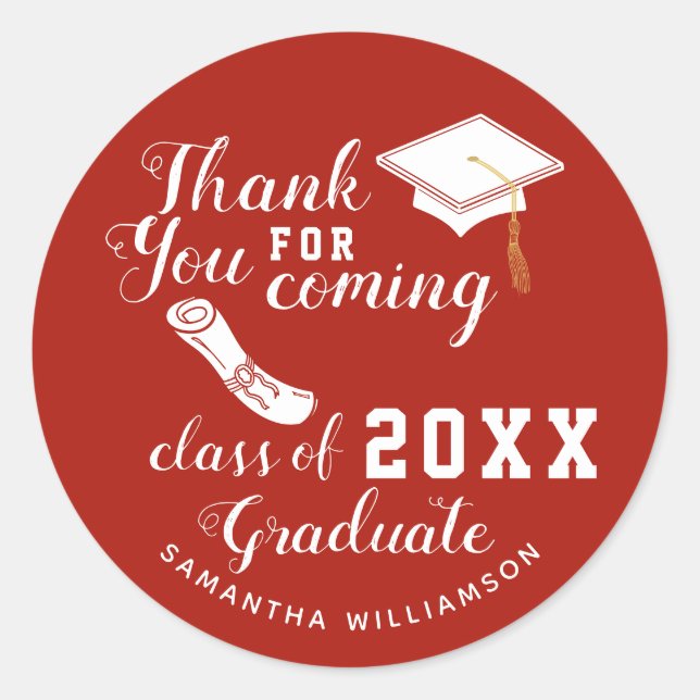 Thank You Red and White Class of 2025 Graduate Classic Round Sticker (Front)