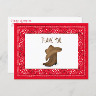 Thank You Red Bandanna Cowboy Cute Hat and Boots Postcard