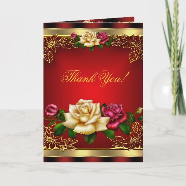 Thank You, Red Cream Roses Gold Elegant 6 Thank You Card (Front)