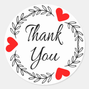 Thank You Red Heart Black Laurel Leaf Wreath Classic Round Sticker