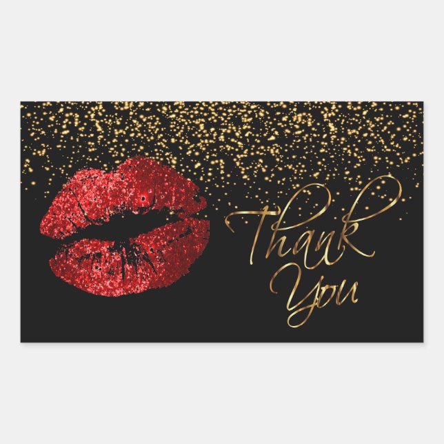 Thank You - Red Lips with Gold Confetti Rectangular Sticker (Front)