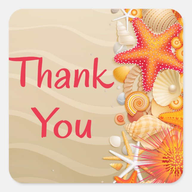 Thank You Red & Orange Seashell, Starfish Brown Square Sticker (Front)