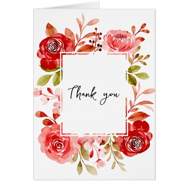 Thank You Red Rose Pink Peony Floral Frame Card (Front)