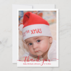 thank you,red script baby boy photo  card