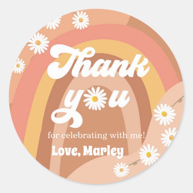 Thank You Retro Hippie Rainbow Daisy Favour Girl Classic Round Sticker (Front)