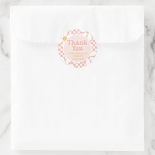 Thank you retro Pink Daisy Chequered Classic Round Sticker