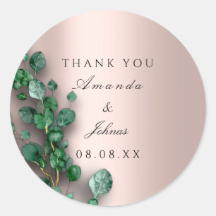 Thank You Rose Blush Eucalyptus Green Wedding Classic Round Sticker