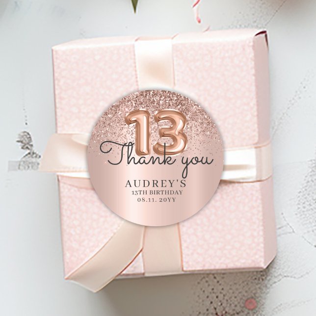 Thank You Rose Gold Glitter Balloon 13th Birthday  Classic Round Sticker (Creator Uploaded)