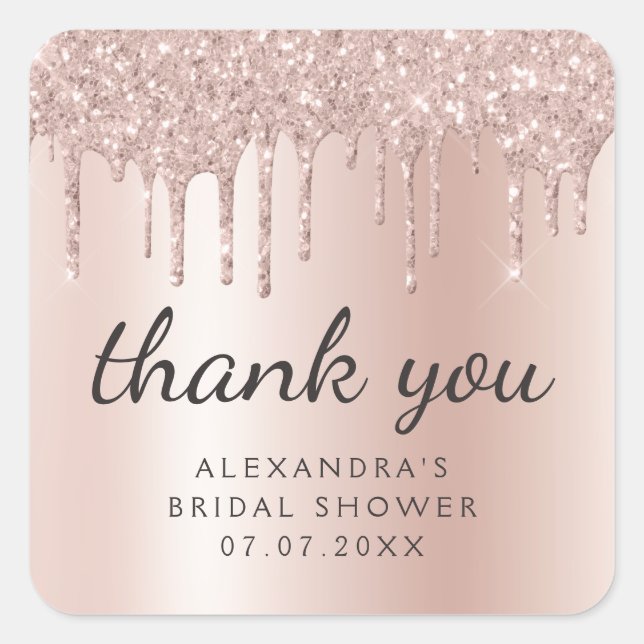 Thank You Rose Gold Glitter Girly Bridal Shower Square Sticker (Front)