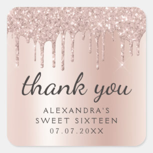 Thank You Rose Gold Glitter Girly Sweet 16 Square Sticker