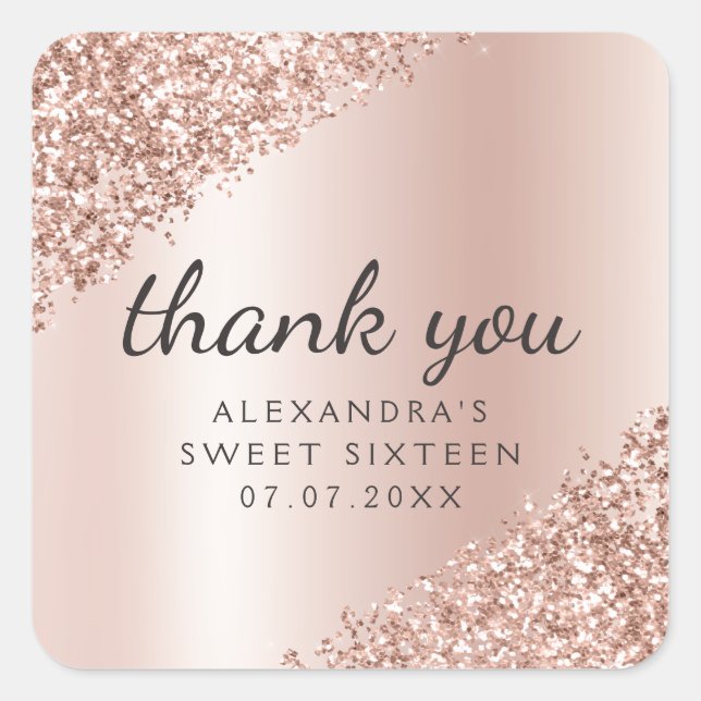 Thank You Rose Gold Glitter Girly Sweet 16 Square Sticker (Front)