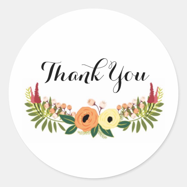 Thank You Round Sticker - Floral Wreath Design (Front)
