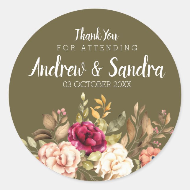 Thank You Round Sticker Pink Rose Floral (Front)