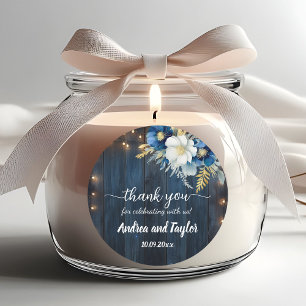Thank You Rustic Blue Wood White Floral Wedding Classic Round Sticker