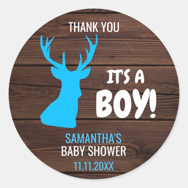 Thank You Rustic Buck Deer Boy Theme Baby Shower Classic Round Sticker (Front)