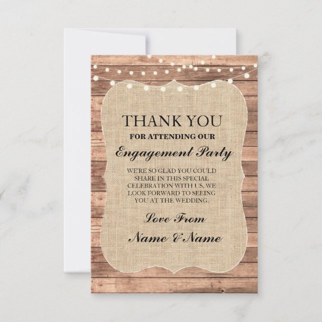 Thank You Rustic Cards Wood Burlap BBQ Engagement (Front)