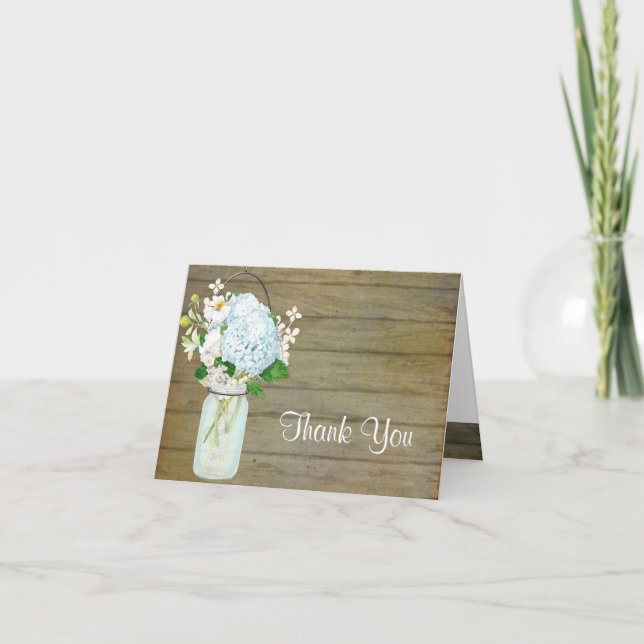 Thank You Rustic Country Mason Jar Blue Hydrangeas Card (Front)